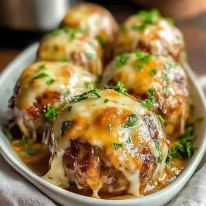 Delicious French Onion Meatball Melt with melted cheese and savory meatballs