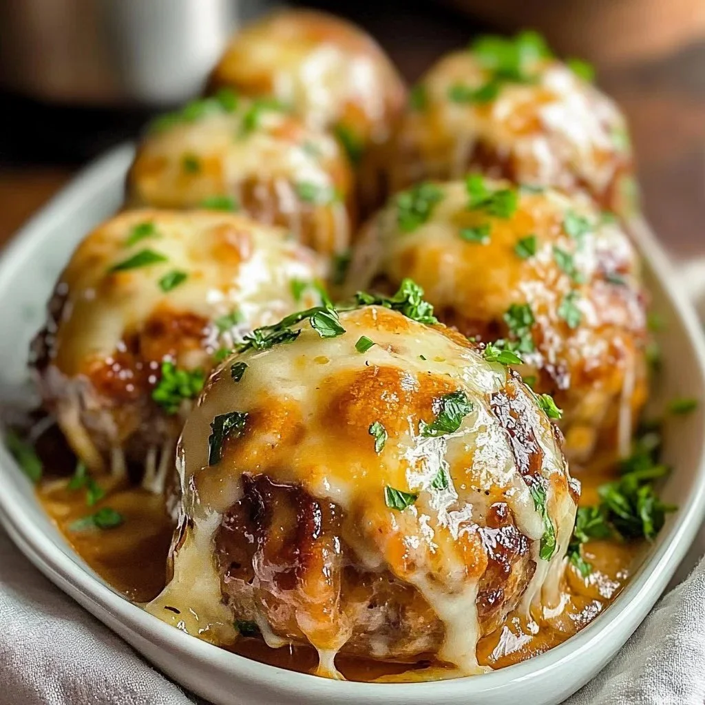 Delicious French Onion Meatball Melt with melted cheese and savory meatballs