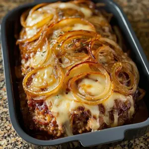 Delicious French-style Onion Meatloaf served with fresh herbs on a plate.