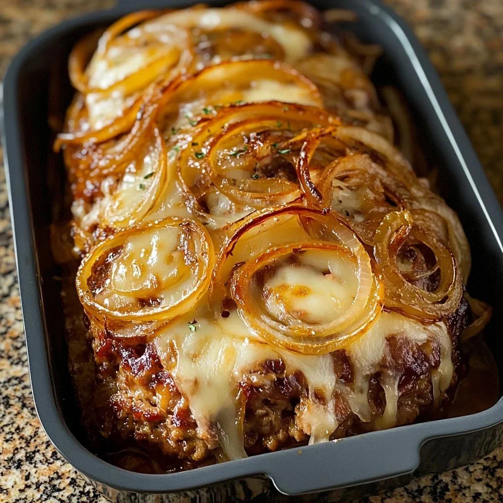 Delicious French-style Onion Meatloaf served with fresh herbs on a plate.