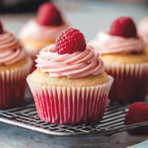Fresh raspberry cupcake with creamy frosting and berries on top