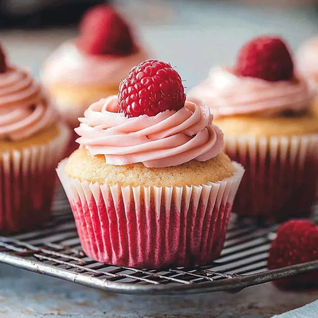 Fresh raspberry cupcake with creamy frosting and berries on top