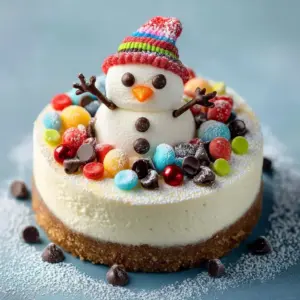 Frosty Snowman Cheesecake dessert decorated with festive snowman design