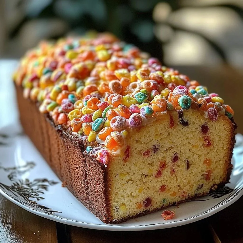 Fruity Pebbles Breakfast Loaf topped with colorful cereal.