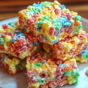 Fruity Pebbles Marshmallow Treats with colorful marshmallows and cereal