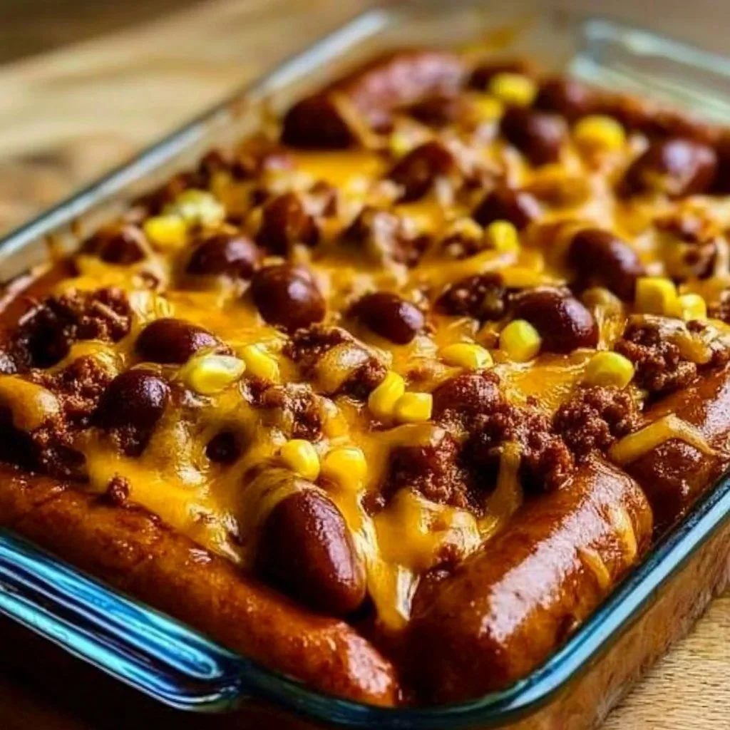 Delicious fully loaded chili cheese dog casserole topped with melted cheese and chili.
