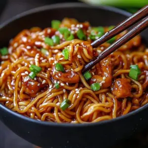 Delicious garlic-glazed chicken served over noodles, garnished with herbs.
