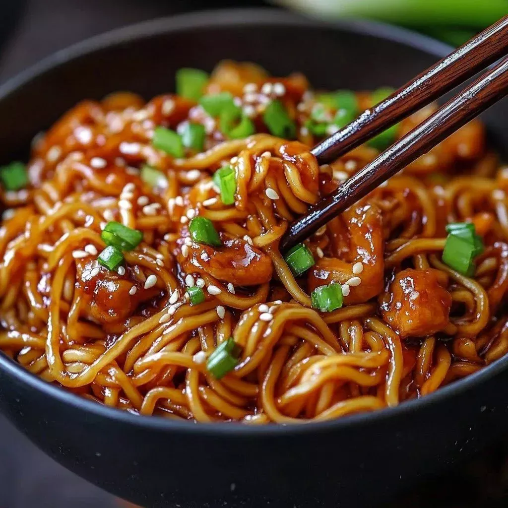 Delicious garlic-glazed chicken served over noodles, garnished with herbs.