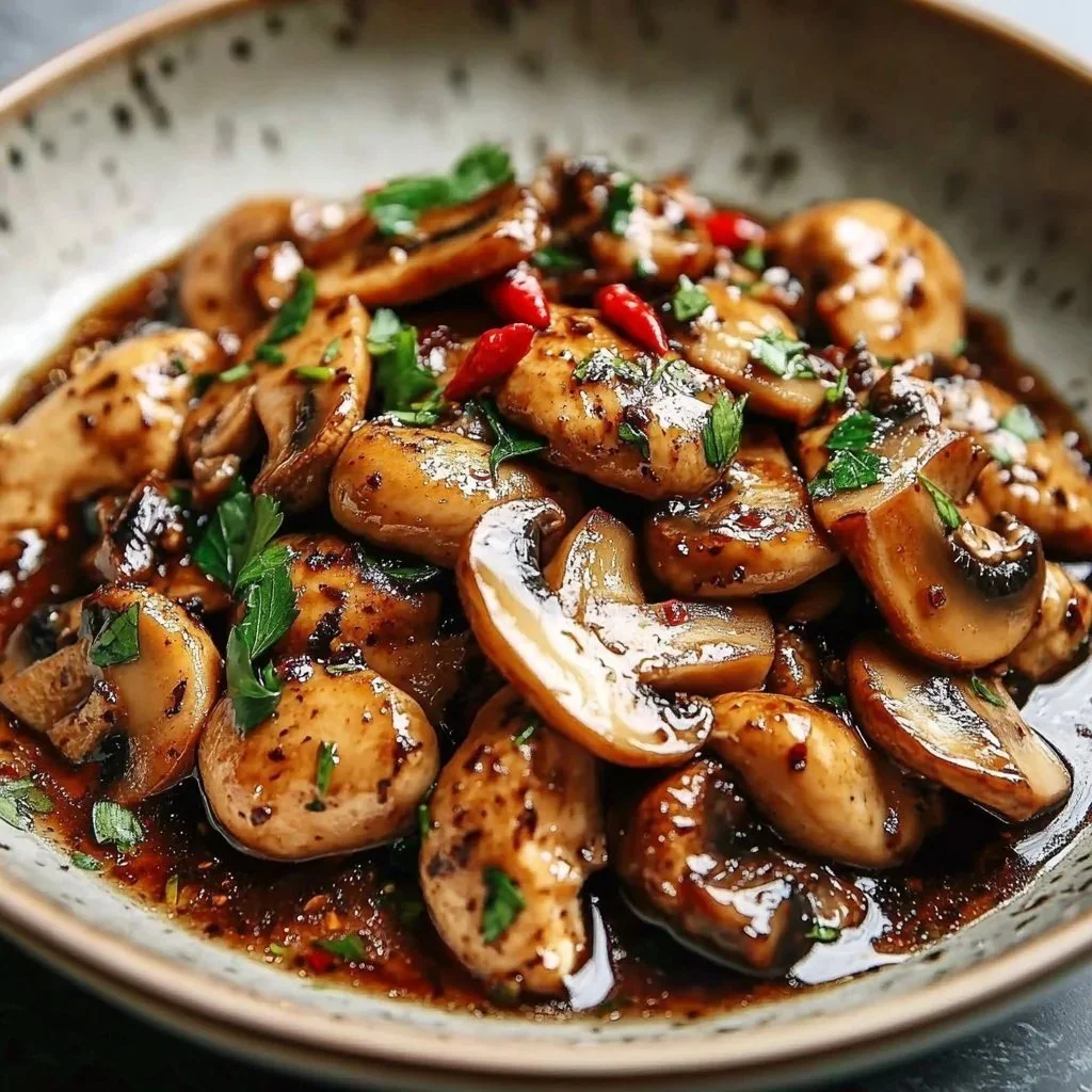 Plate of Garlic Honey Chicken with Mushrooms garnished with herbs and served with rice.