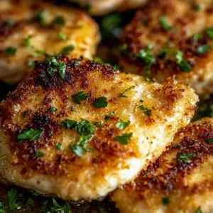 Crispy Garlic Parmesan Chicken crusted to perfection with herbs and cheese.