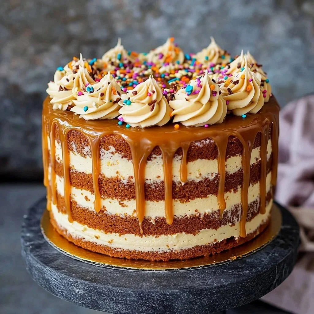 Delicious slice of Ginger Caramel Cake topped with caramel drizzle