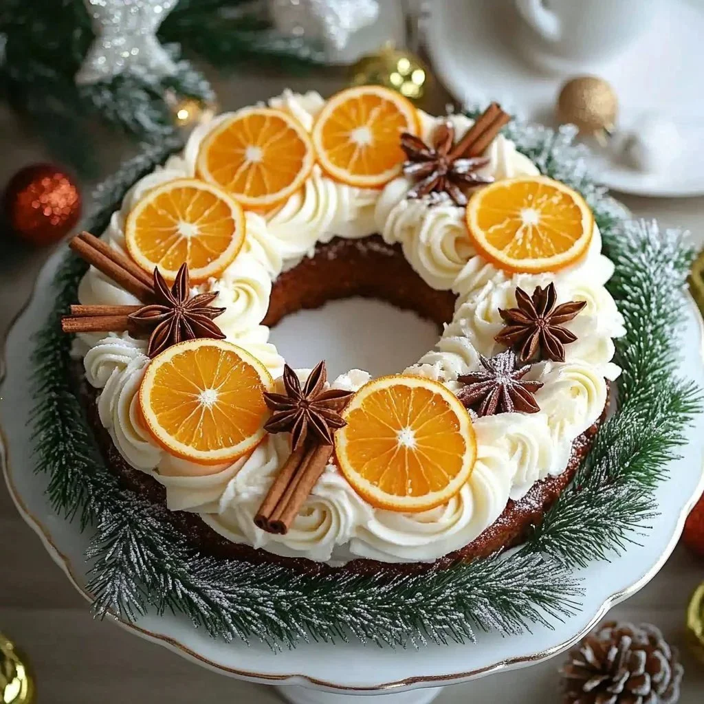 Gingerbread Wreath Cake decorated with spices and festive accents