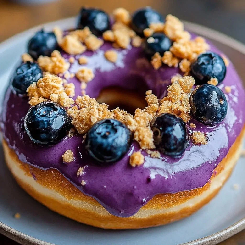 Freshly made glazed blueberry donut with vibrant blueberries