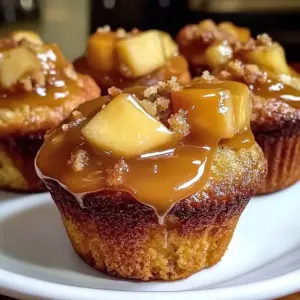 Freshly baked gooey caramel apple muffins topped with caramel drizzle