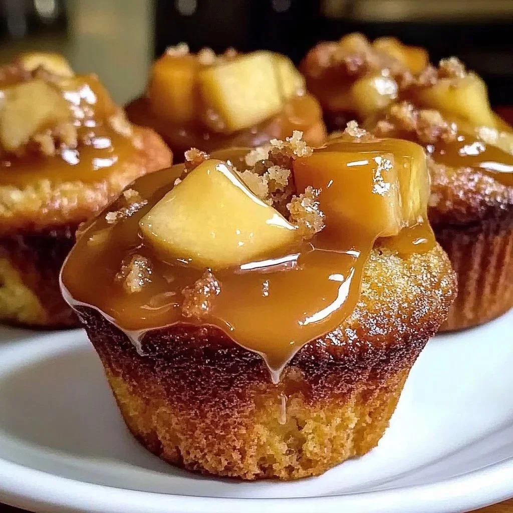 Freshly baked gooey caramel apple muffins topped with caramel drizzle