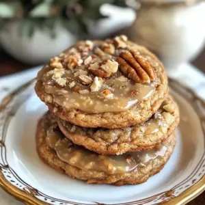 Close-up of gooey pecan caramel cookies stacked on a plate.