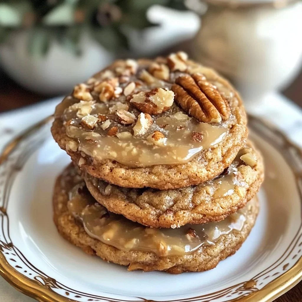 Close-up of gooey pecan caramel cookies stacked on a plate.