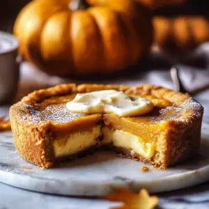 Gooey pumpkin butter cake topped with cream and spices on a rustic table
