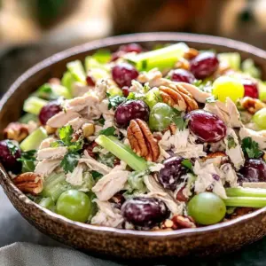 Delicious grapes and pecans Chicken Salad served in a bowl.