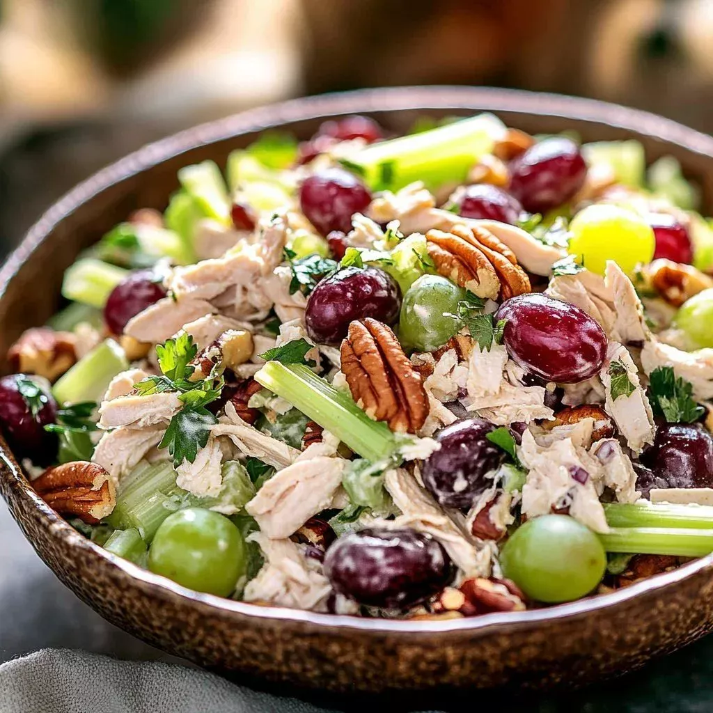 Delicious grapes and pecans Chicken Salad served in a bowl.