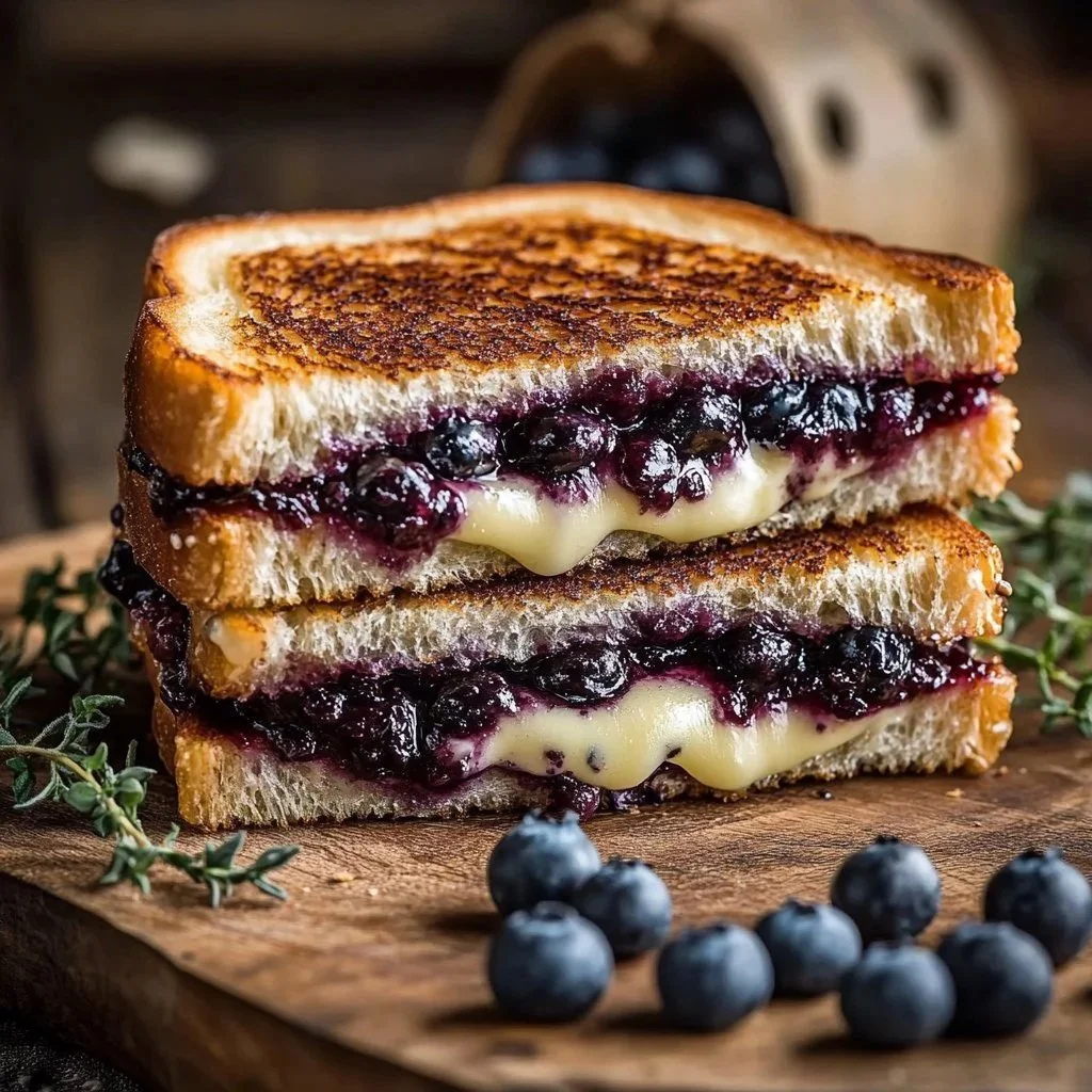 Grilled cheese sandwich with fresh blueberries on a plate