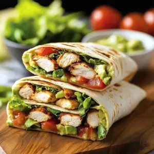 Grilled chicken avocado wrap with fresh vegetables and tortilla