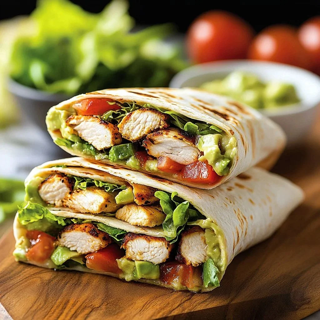 Grilled chicken avocado wrap with fresh vegetables and tortilla