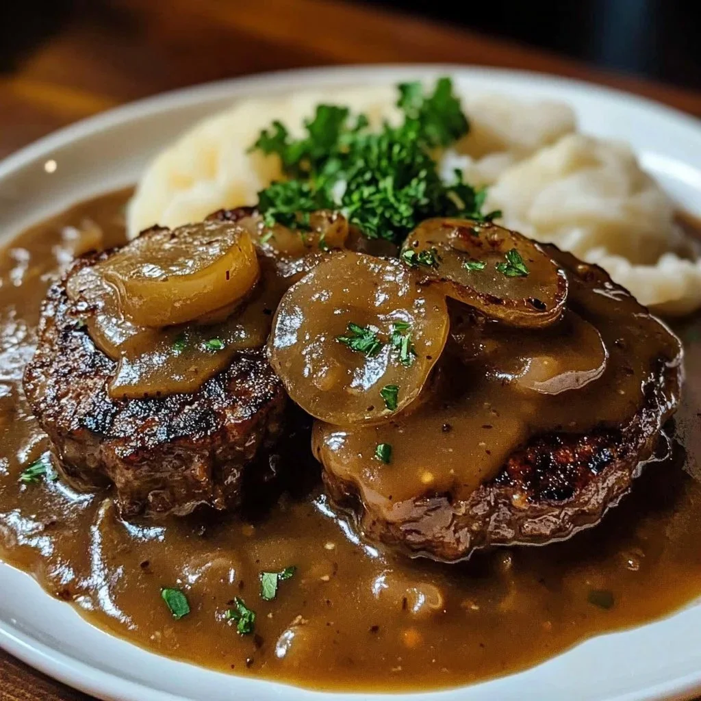 Hamburger steaks cooking in a savory onion gravy