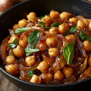 Bowl of harissa chickpeas with caramelized onion for a rich, spicy dish