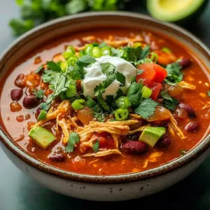 Bowl of healthy high-protein chicken chili topped with fresh herbs