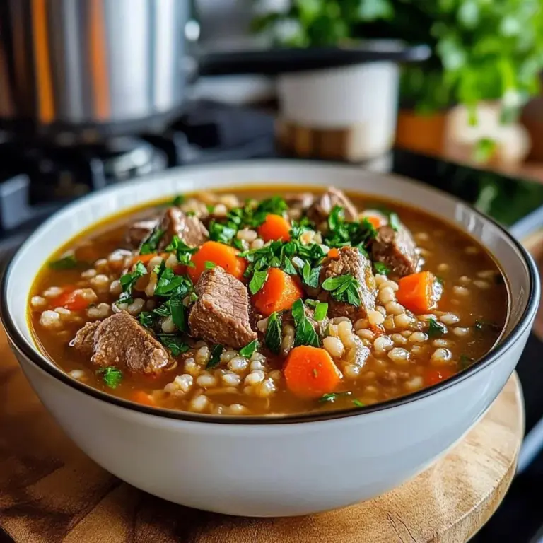 Hearty beef barley soup full of vegetables and tender beef with rich broth