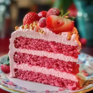 Heavenly triple layer strawberry cake decorated with fresh strawberries and whipped cream