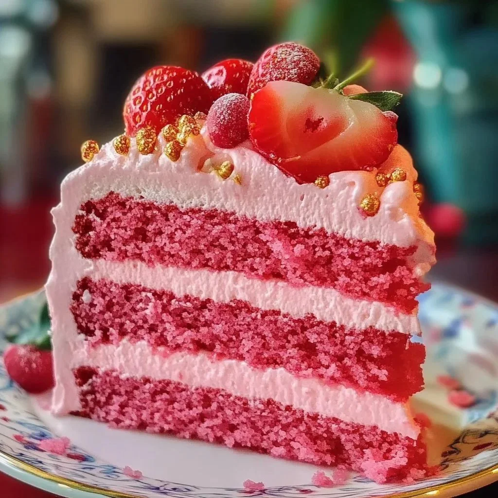 Heavenly triple layer strawberry cake decorated with fresh strawberries and whipped cream