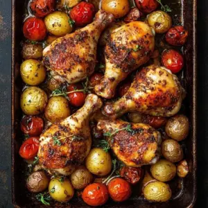 Herb-infused harissa roasted chicken on a sheet pan with colorful vegetables