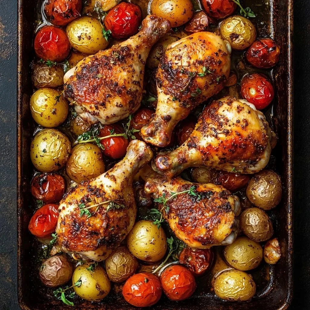 Herb-infused harissa roasted chicken on a sheet pan with colorful vegetables