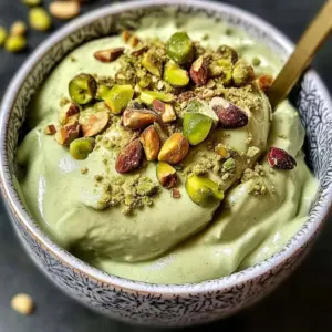 Creamy high protein pistachio ice cream in a bowl with pistachios on top