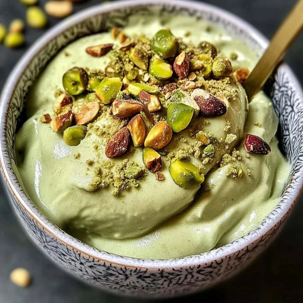Creamy high protein pistachio ice cream in a bowl with pistachios on top