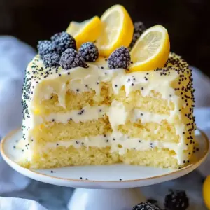 Slice of homemade lemon cake with poppy seeds on a plate