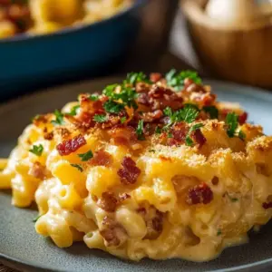 Homestyle Amish Casserole served in a rustic dish with fresh herbs
