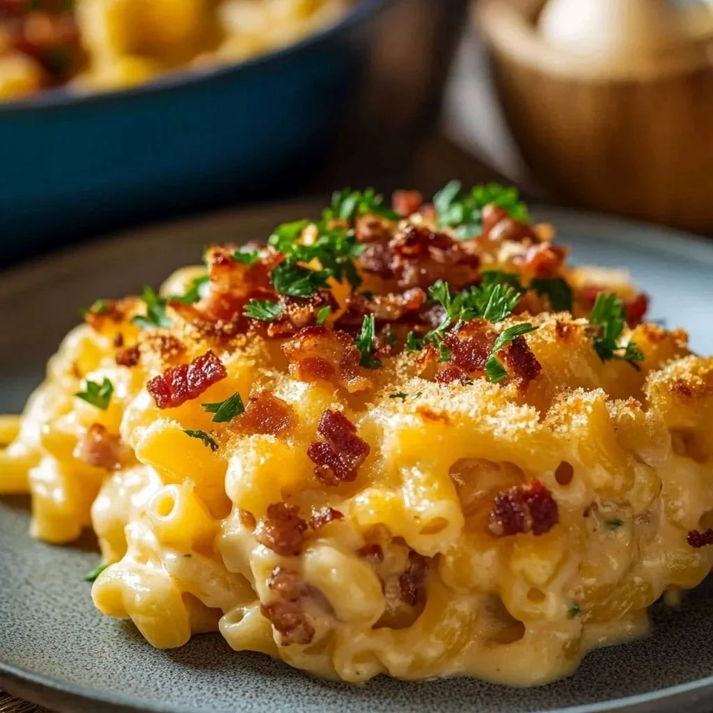 Homestyle Amish Casserole served in a rustic dish with fresh herbs