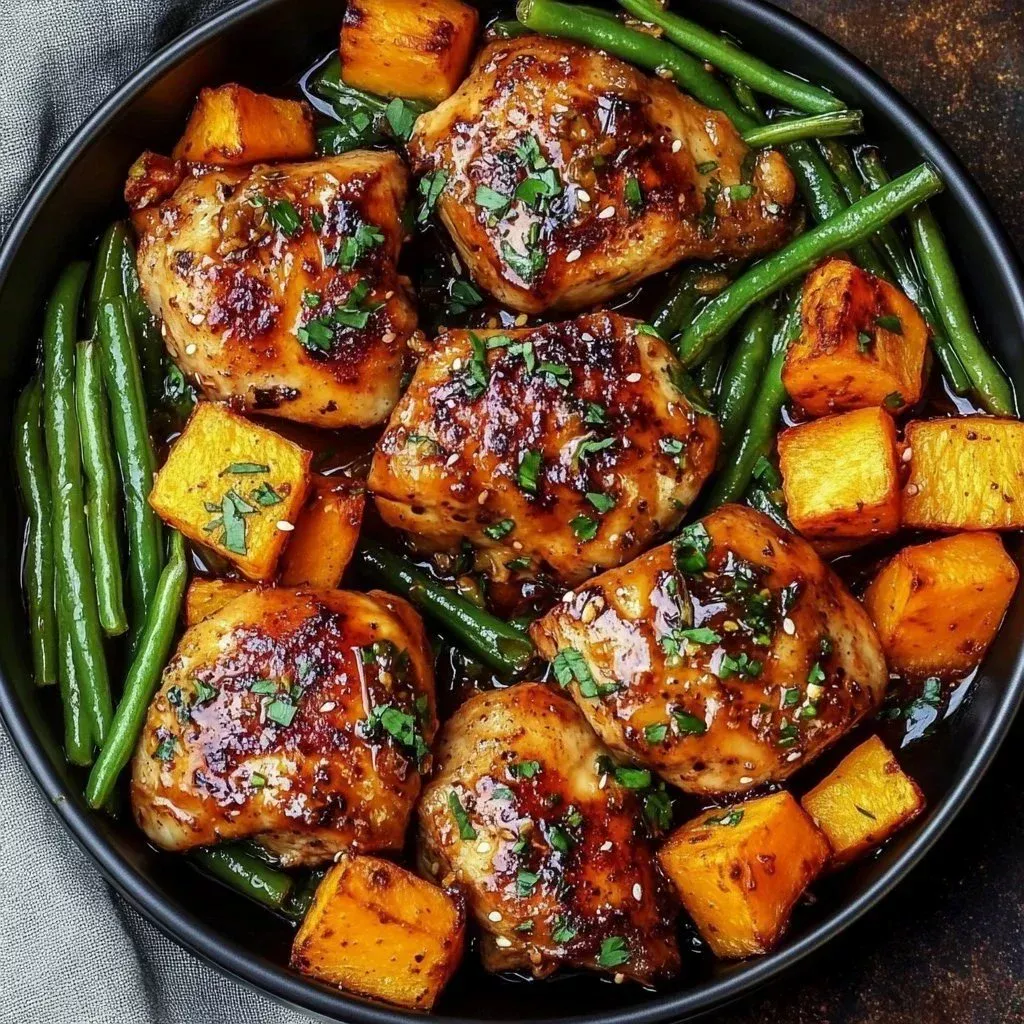 Honey Garlic Chicken served with roasted sweet potatoes on a plate