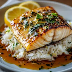 Honey-Marinated Baked Cod dish garnished with herbs on a plate