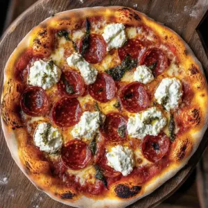 Delicious Hot Honey Pepperoni Ricotta Pizza with a golden crust and fresh toppings