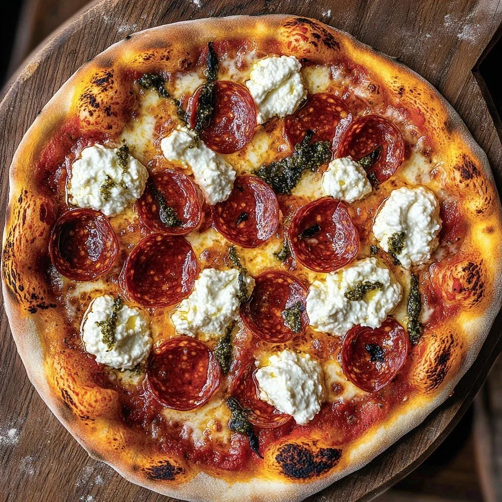 Delicious Hot Honey Pepperoni Ricotta Pizza with a golden crust and fresh toppings