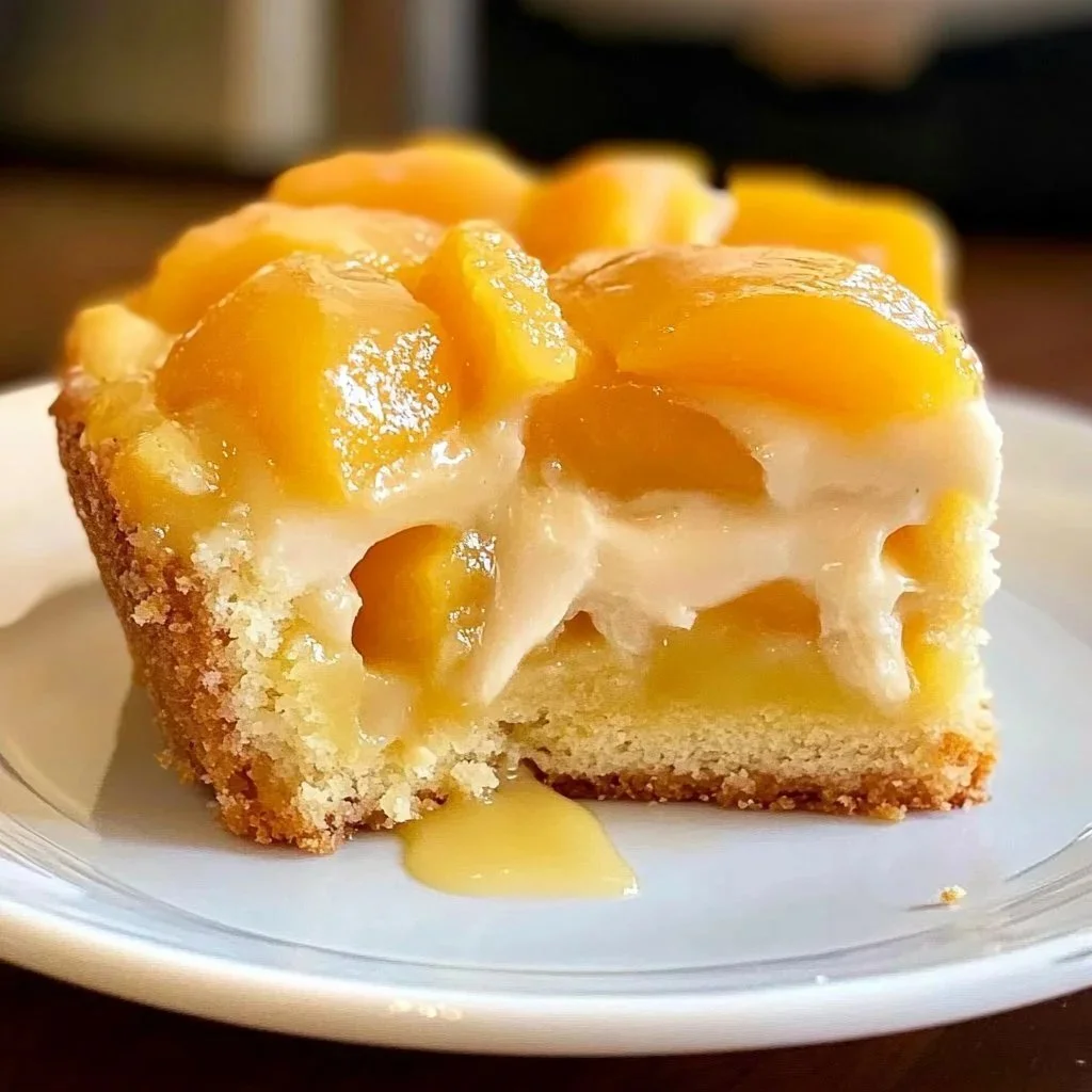 Irresistible peach summer cake topped with fresh peaches and cream