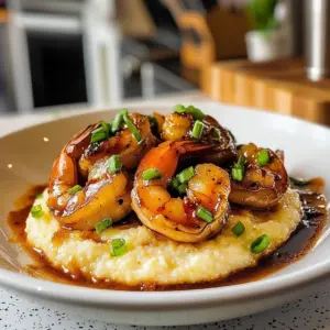 Delicious plate of irresistible shrimp and grits with garnishes