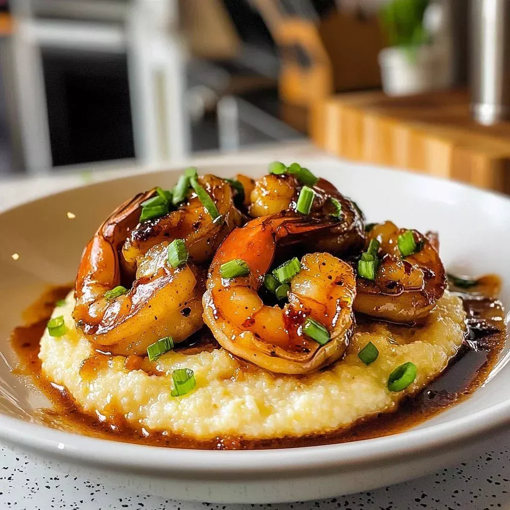 Delicious plate of irresistible shrimp and grits with garnishes