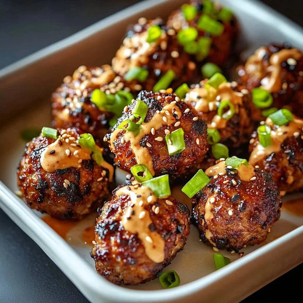 Plate of Korean BBQ Meatballs topped with spicy mayo sauce