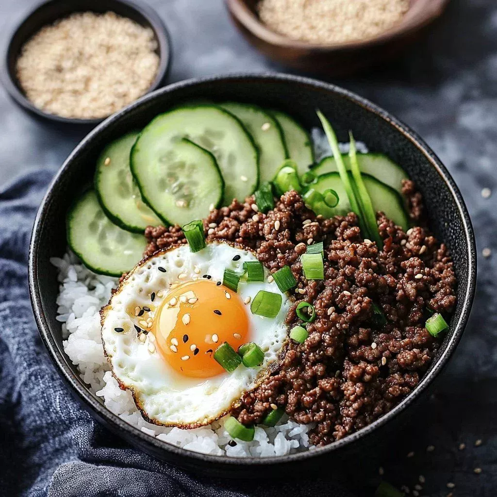 Korean Ground Beef Rice Bowls topped with vegetables and sesame seeds