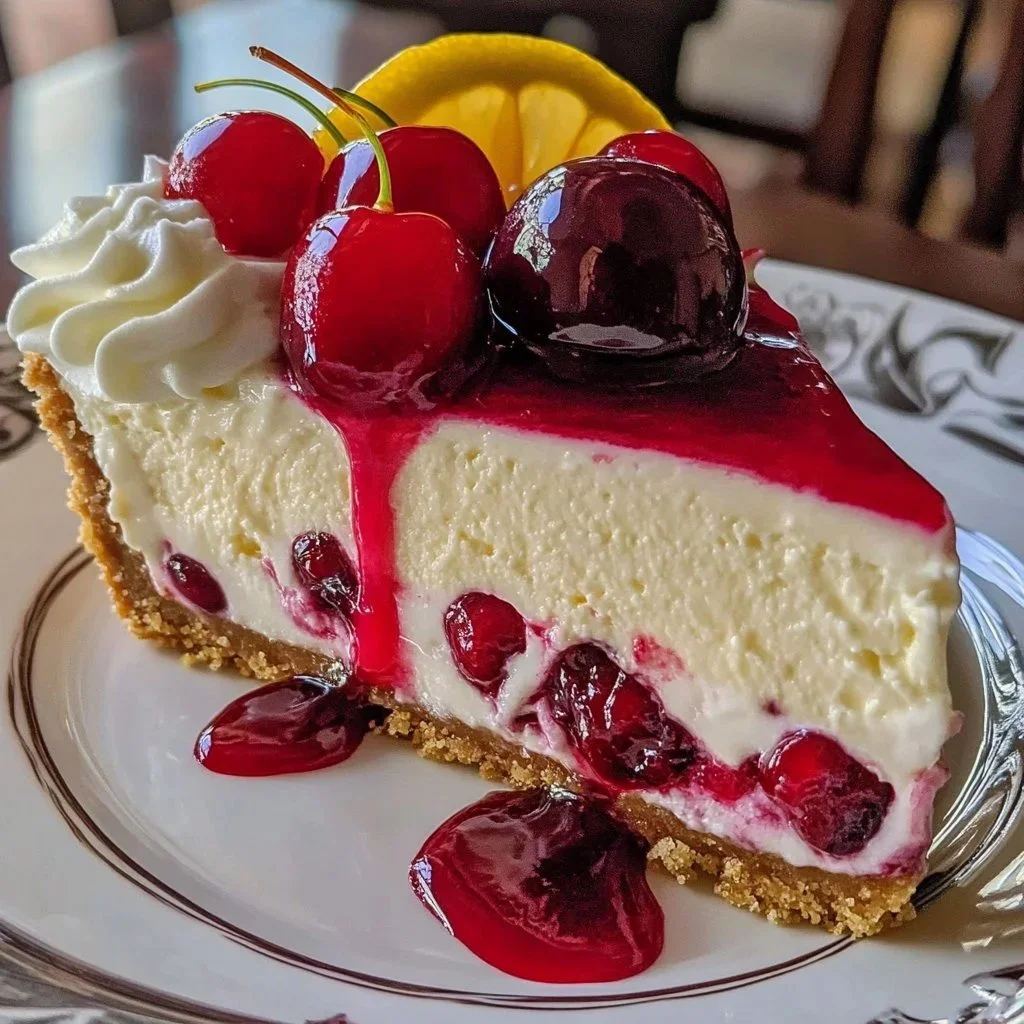 Lemon Cherry Cheesecake Fusion dessert with lemon and cherry toppings